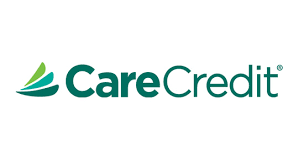 Logo of carecredit featuring a stylized green leaf above the text "carecredit" in dark green font, with a registered trademark symbol.