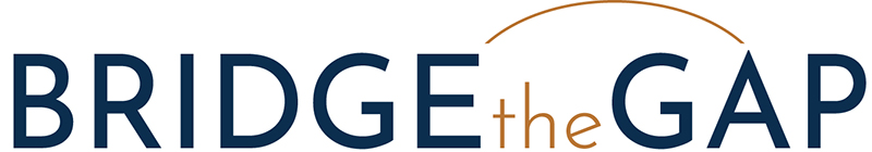 Logo with the words "bridge the gap" in blue text, featuring an orange arc above the word "gap.